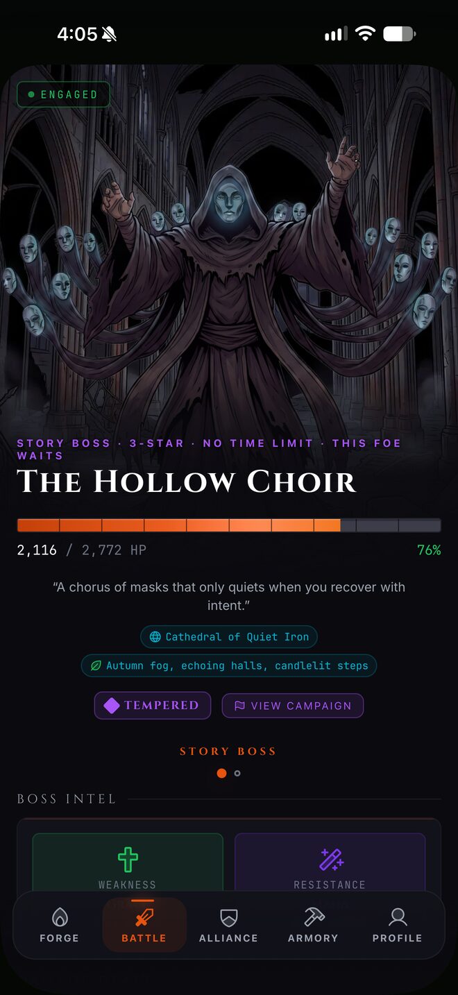 ConquerRPG battle screen showing a story boss, The Hollow Choir, with its health bar at 76 percent.