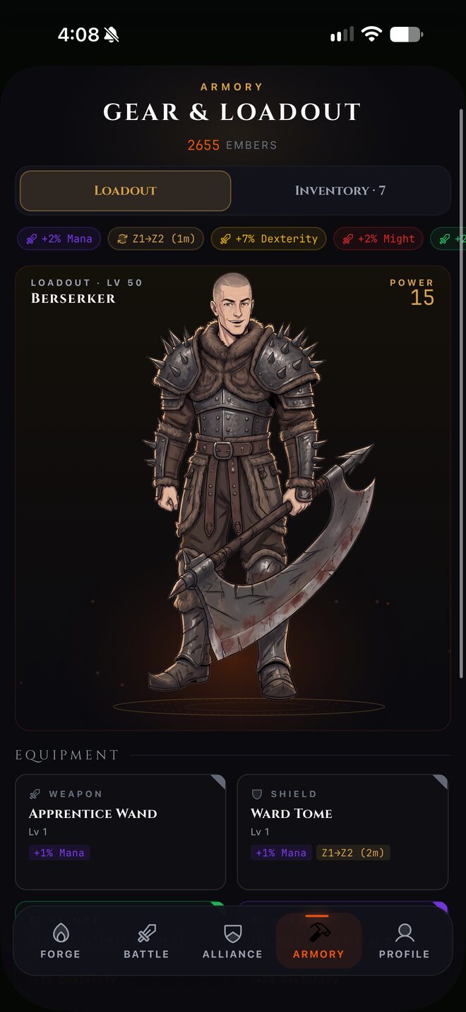 ConquerRPG loadout screen showing an illustrated Berserker character holding a large axe.